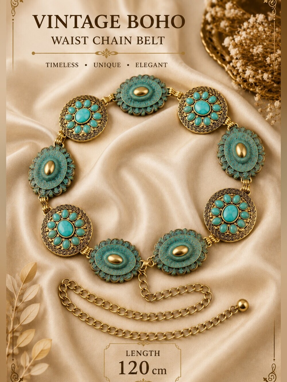 Gold-Tone Belt with Turquoise Floral Medallions — Women's Accessories - Picture 2 of 8